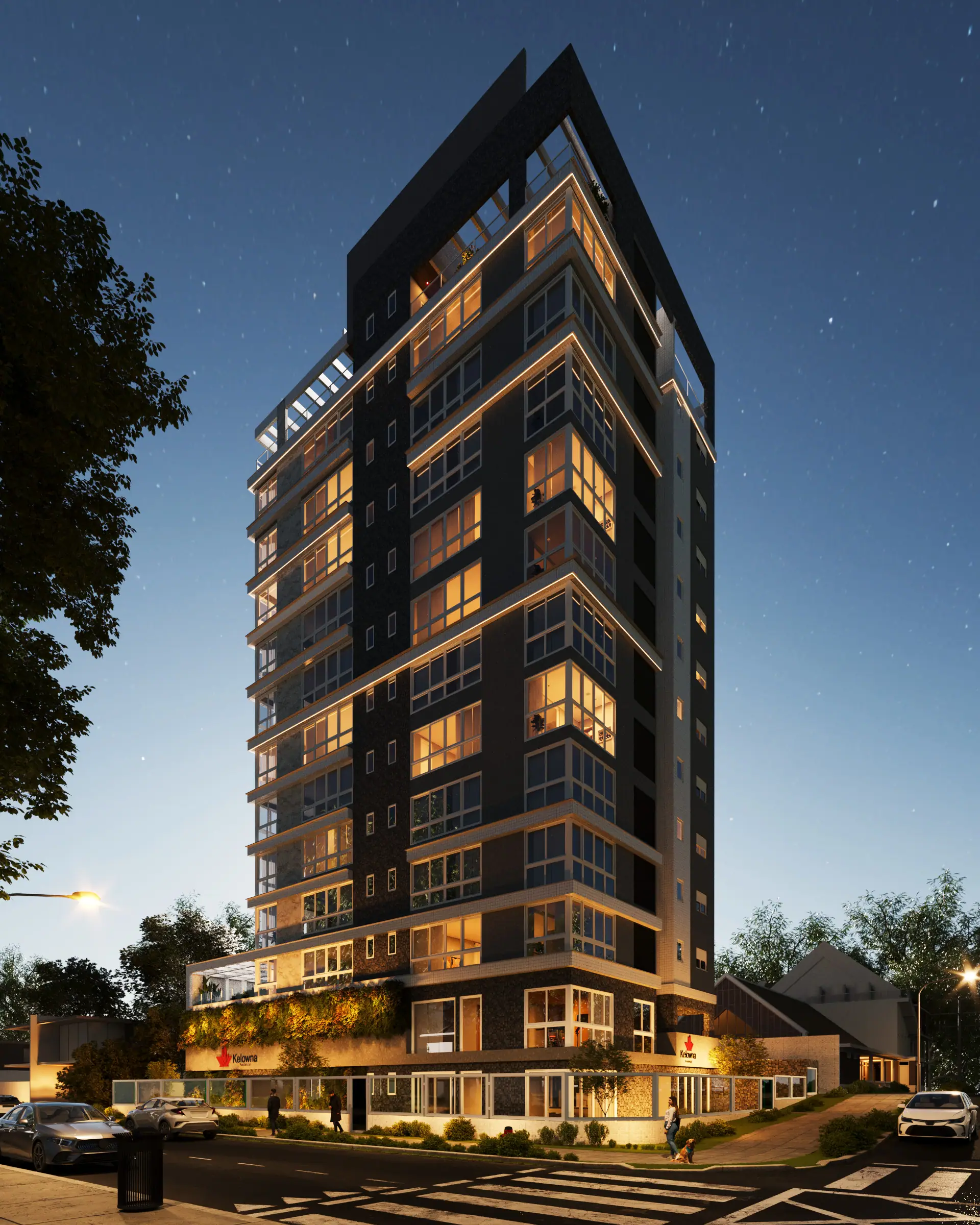 Fachada noturna do Residencial Kelowna